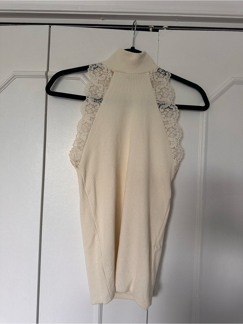 Zara Cream Ribbed Lace-Trim Halter top